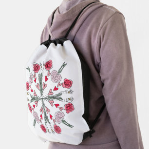 Cute Hearts Bees Roses Romantic Floral Doodles Drawstring Bag