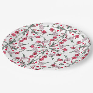 Cute Hearts Bees Roses Romantic Floral Doodles Paper Plates