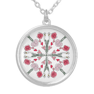 Cute Hearts Bees Roses Romantic Floral Doodles Silver Plated Necklace