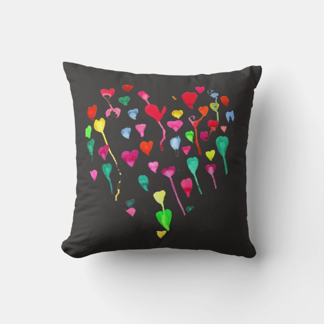 Cute hearts boho pop art pink and black throw pillow (Front)
