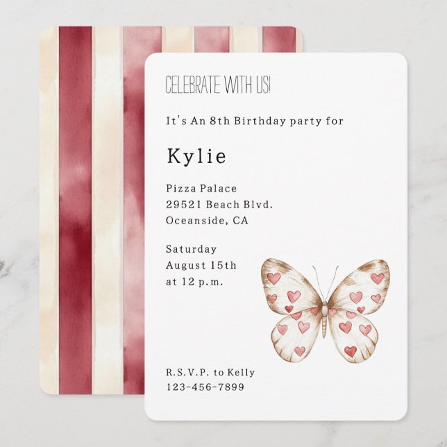 Cute Hearts Butterfly Birthday   Invitation (Front/Back)