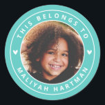 Cute Hearts Circle Frame Photo Name School Aqua Classic Round Sticker<br><div class="desc">These adorable,  modern styled stickers feature your kiddo's photo at the center,  with an aqua circle frame! Text templates are included for easy personalization. Great for labeling Back to School supplies,  books,  and more! Two little white hearts add an extra cute touch.</div>