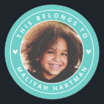 Cute Hearts Circle Frame Photo Name School Aqua Classic Round Sticker<br><div class="desc">These adorable,  modern styled stickers feature your kiddo's photo at the center,  with an aqua circle frame! Text templates are included for easy personalization. Great for labeling Back to School supplies,  books,  and more! Two little white hearts add an extra cute touch.</div>