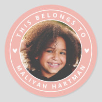 Cute Hearts Circle Frame Photo Name School Coral Classic Round Sticker