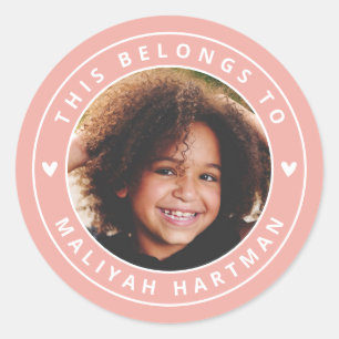 Cute Hearts Circle Frame Photo Name School Coral Classic Round Sticker