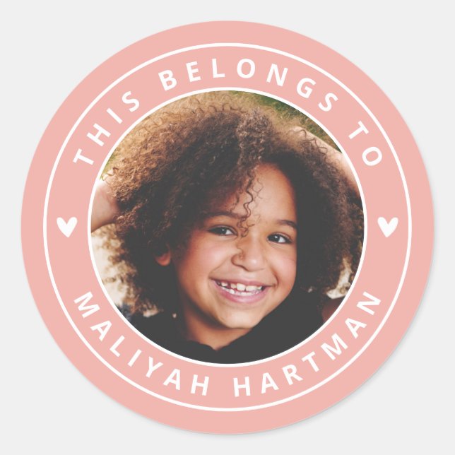 Cute Hearts Circle Frame Photo Name School Coral Classic Round Sticker (Front)