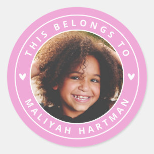 Cute Hearts Circle Frame Photo Name School Pink Classic Round Sticker