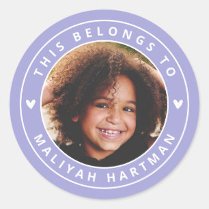 Cute Hearts Circle Frame Photo Name School Purple Classic Round Sticker