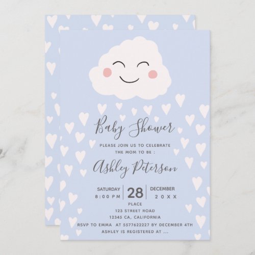 Cute hearts cloud illustration blue baby shower invitation