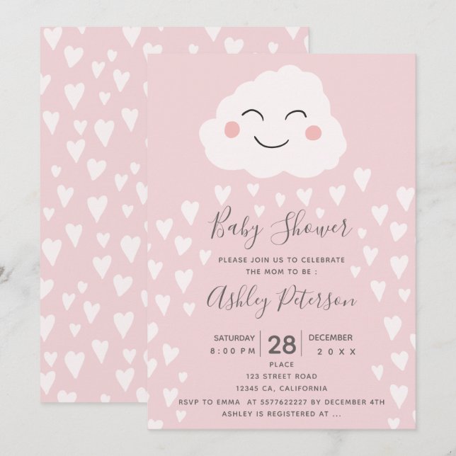 Cute hearts cloud illustration pink baby shower invitation (Front/Back)