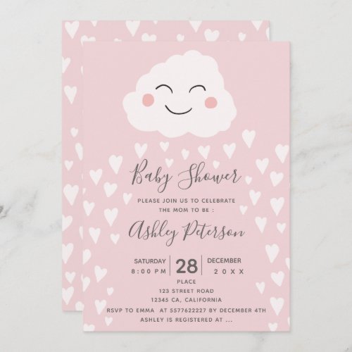 Cute hearts cloud illustration pink baby shower invitation