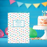 Cute Hearts Custom Name Birthday or Any Occasion Card<br><div class="desc">This delightful greeting card features a charming design adorned with a playful pattern of small, colorful hearts in shades of pink, blue, green, and yellow, which cover both the front and back of the card. The front of the card showcases a customizable message framed in a blue-bordered rectangle, with a...</div>