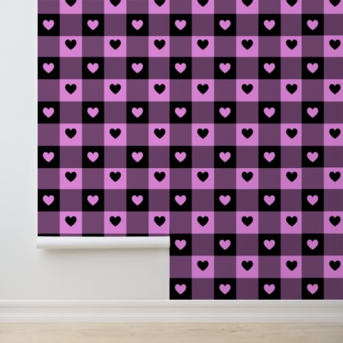Cute Hearts Fun Checkered Purple Pink Girl Nursery Wallpaper
