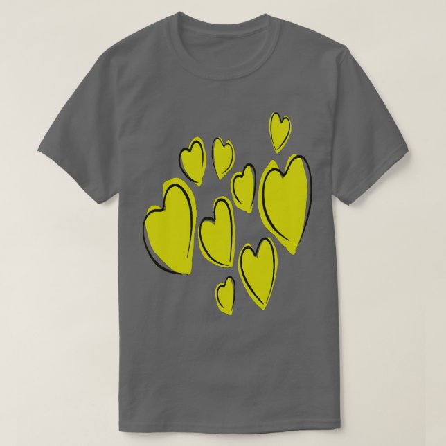 Cute Hearts Hand Drawn Bold Yellow Romantic Doodle T-Shirt (Design Front)