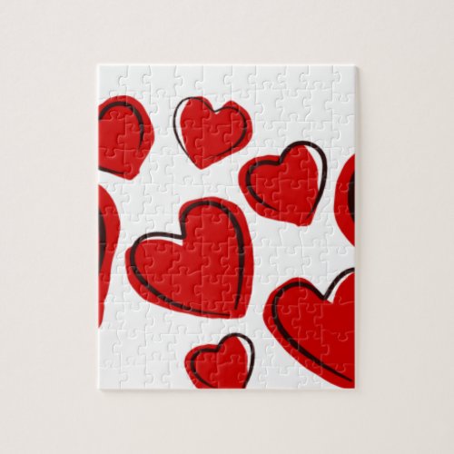 Cute Hearts Hand Drawn Deep Red Romantic Doodle Jigsaw Puzzle