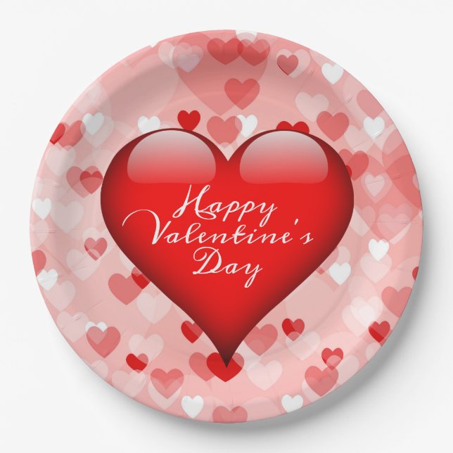 Cute Hearts Happy Valentines Day Party Paper Plates (Front)