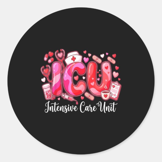 Cute Hearts Icu Valentine Nurse Valentines Day Shi Classic Round Sticker (Front)