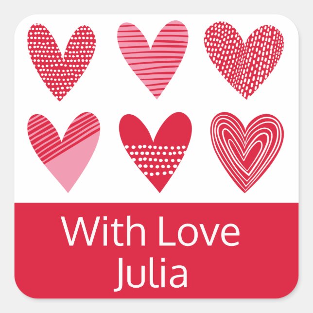 Cute hearts in red and pink with text square sticker (Front)