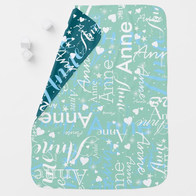 Cute Hearts Magical Teal Blue Personalized Baby Blanket (In Situ)