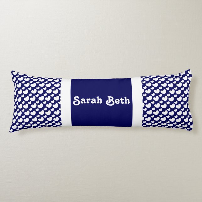 Cute Hearts, Navy Blue & White, Add your name Body Pillow (Front)