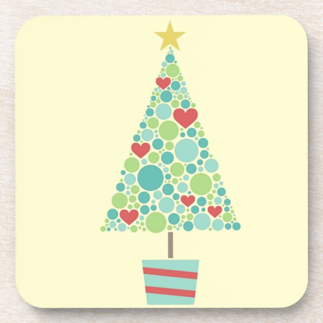 Cute hearts pastel modern Christmas tree Beverage Coaster (Front)