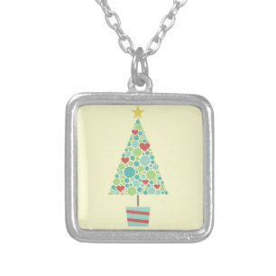 Cute hearts pastel modern Christmas tree Silver Plated Necklace