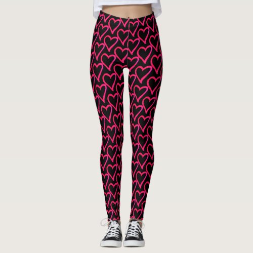 Cute Hearts Pattern Hot Pink Black Leggings