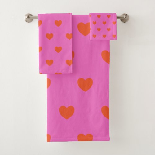 Cute Hearts Pattern in Pink and Red Bath Towel Set