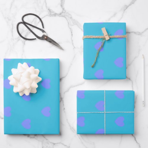 Cute Hearts Pattern in Turquoise Blue and Purple  Wrapping Paper Sheets