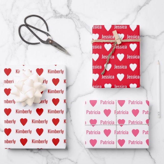 Cute Hearts Pattern Individually Personalized  Wrapping Paper Sheets (Front)