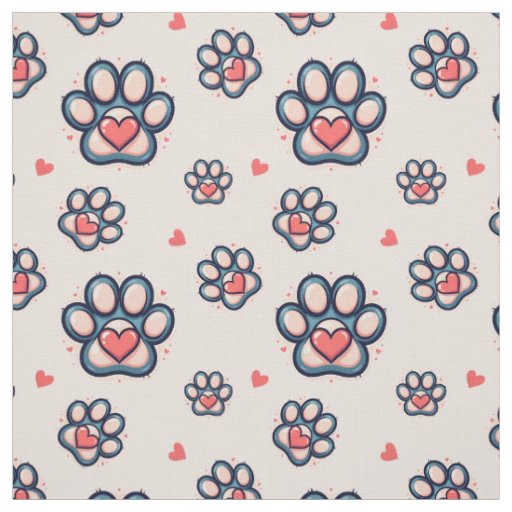 Cute Hearts & Paw Prints Cotton Fabric