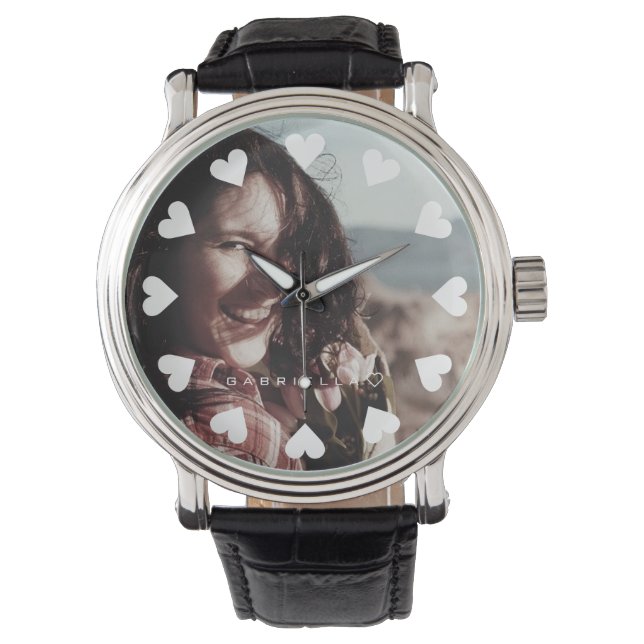 Cute Hearts Personalized Name Photo Image Template Watch (Front)