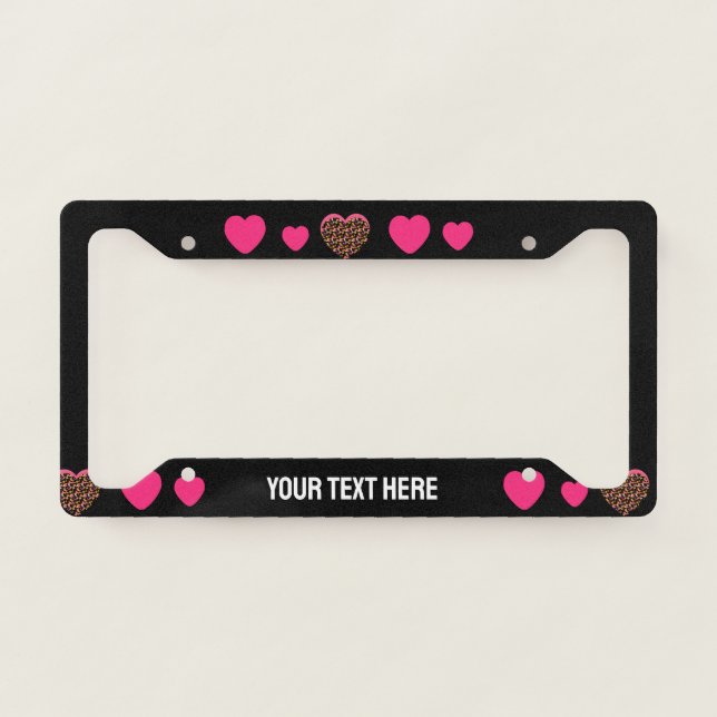 Cute Hearts Pink Cheetah Name License Plate Frame (Front)