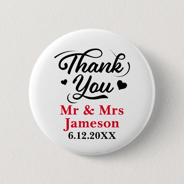 Cute Hearts Thank You Mr Mrs Wedding Button (Front)