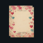 Cute Hearts Vintage Valentines Day Personized Letterhead<br><div class="desc">Elegant,  Rustic and whimsical letterhead featuring watercolor illustrations of pretty blue pink red hears on vintage old paper background . This love -inspired notepad is perfect as a personalized gift.</div>