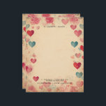 Cute Hearts Vintage Valentines Day Personized Letterhead<br><div class="desc">Elegant,  Rustic and whimsical letterhead featuring watercolor illustrations of pretty blue pink red hears on vintage old paper background . This love -inspired notepad is perfect as a personalized gift.</div>