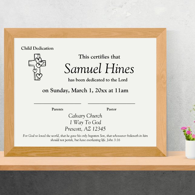 Cute Hearts Wood Cross Baby Dedication Certificate Letterhead (Cute Hearts Wood Cross Baby Dedication Certificate)