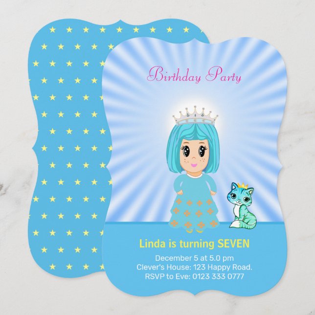 Cute Heavenly Princess with Kitty Cat 7th Birthday Invitation (Front/Back)