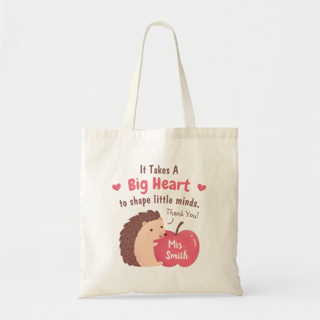 Cute Hedgehog and Apple Teacher Appreciation Quote Tote Bag (Front)