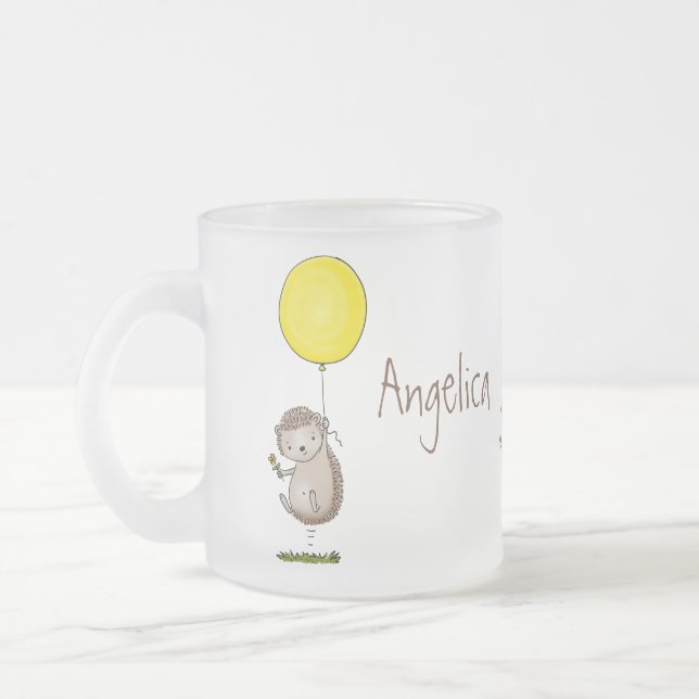 Cute hedgehog and balloon cartoon pattern frosted glass coffee mug (Left)