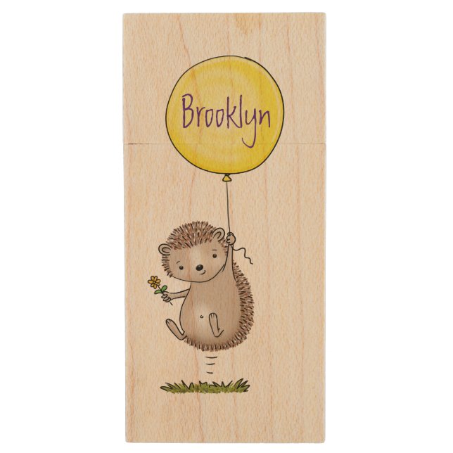 Cute hedgehog and balloon cartoon pattern wood flash drive (Front Vertical)