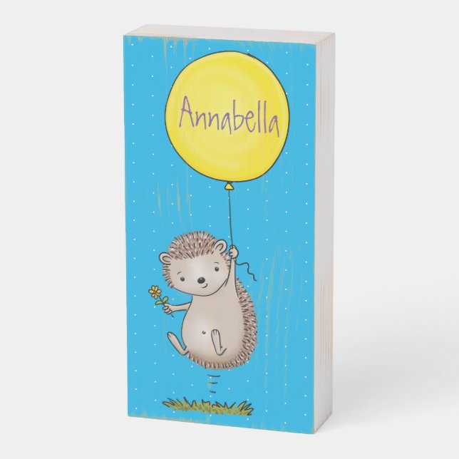 Cute hedgehog and balloon cartoon pattern wooden box sign (Angled Vertical)