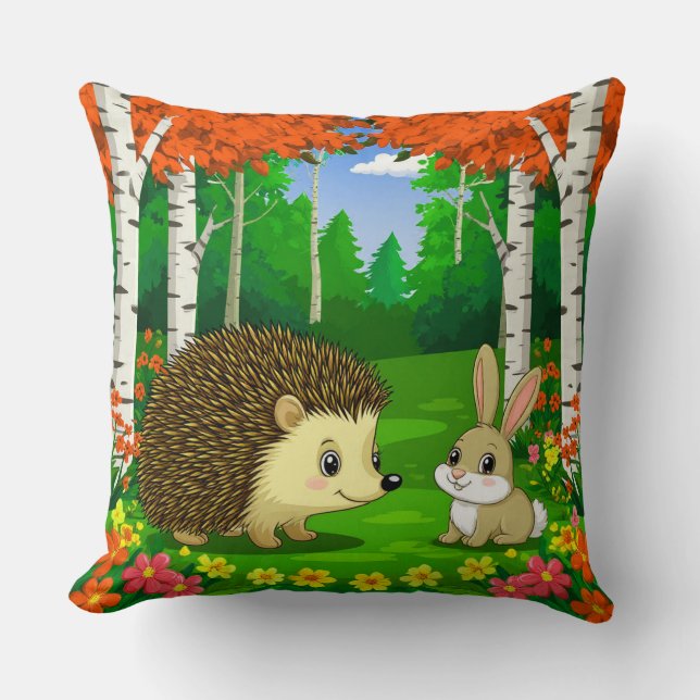 Cute Hedgehog and bunny in a Bright Forest Throw Pillow (Front)