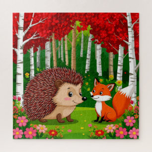 Cute Hedgehog and fox n a Bright Forest Jigsaw Puzzle