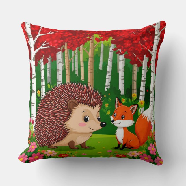 Cute Hedgehog and fox n a Bright Forest Throw Pillow (Front)