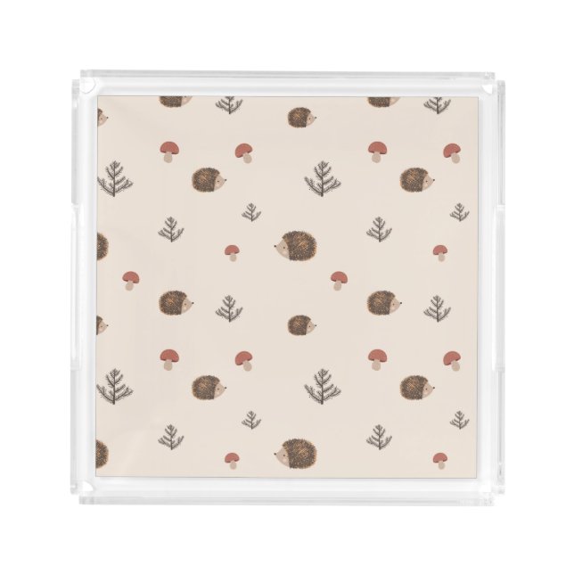 Cute Hedgehog and Mushrooms Forest Pattern Acrylic Tray (Front)