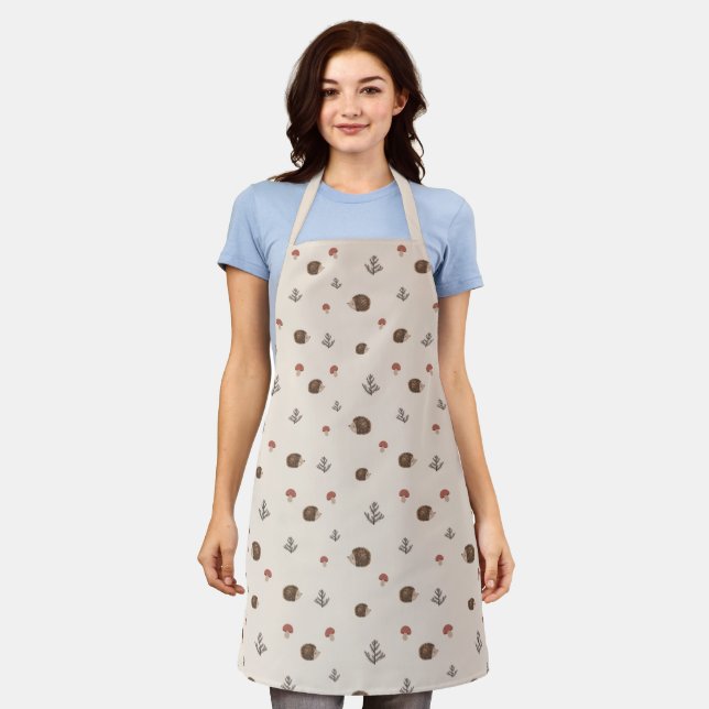 Cute Hedgehog and Mushrooms Forest Pattern Apron (Worn)