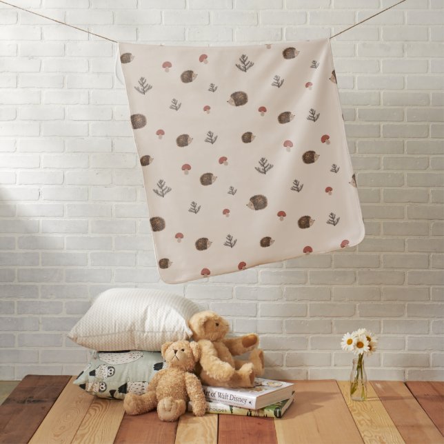 Cute Hedgehog and Mushrooms Forest Pattern Baby Blanket (In Situ)