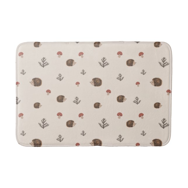 Cute Hedgehog and Mushrooms Forest Pattern Bath Mat (Front)