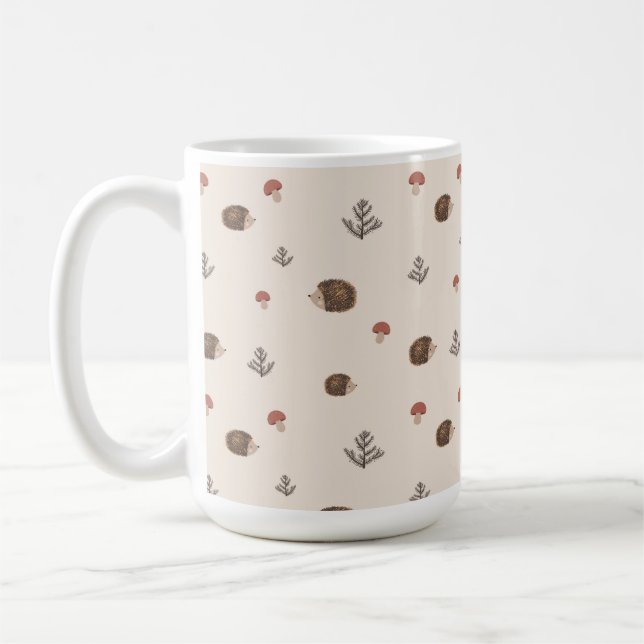 Cute Hedgehog and Mushrooms Forest Pattern Coffee Mug (Left)